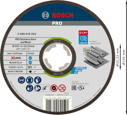 Rund kapskiva från Bosch med specifikationer och mått. Text: "PRO Stainless Steel and Metal", "Ø 125 x 1 x 22,23 mm".