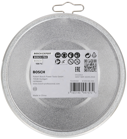 Rund metallförpackning med etikett, inklusive text som "BOSCH", streckkod och QR-kod.