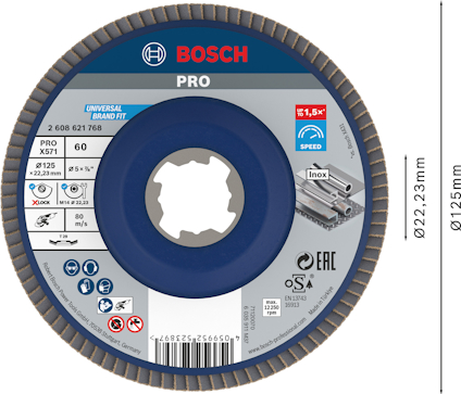 Slipskiva Bosch Pro X571, mått 125x22,23 mm, med detaljerad produktinformation och symboler på etiketten.