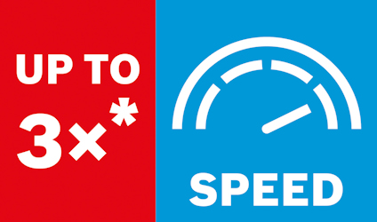 Röd och blå delad rektangel, texten "UP TO 3x*" och en mätare med texten "SPEED".