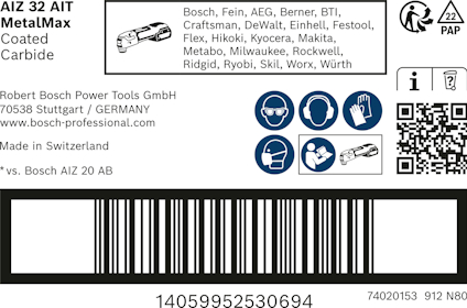 Förpackning för Bosch AIZ 32 AIT sågblad, med streckkod och säkerhetspiktogram.