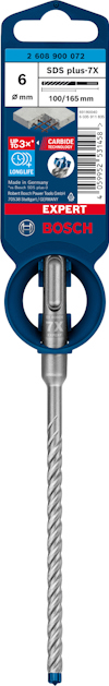 Borr med spiraldesign i förpackning märkt "Bosch Expert SDS plus-7X 6 mm, 100/165 mm".
