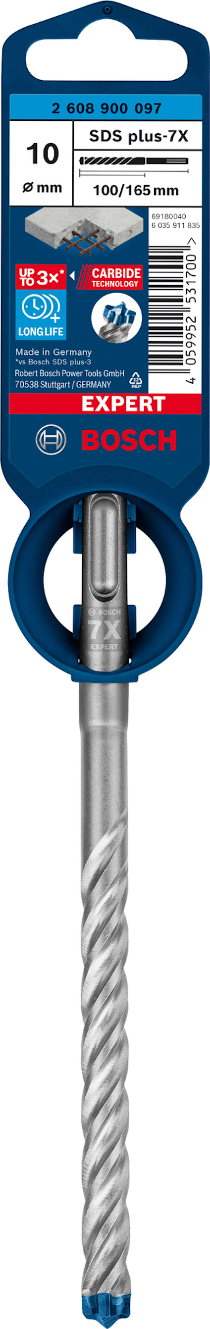 Borrspets Bosch SDS plus-7X, diameter 10 mm, längd 165 mm, i förpackning med blå etikett.