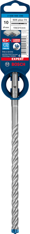 Borrspets med spiraldesign, etikett med varumärke Bosch, storlek 10 mm, "SDS plus-7X" nämns.