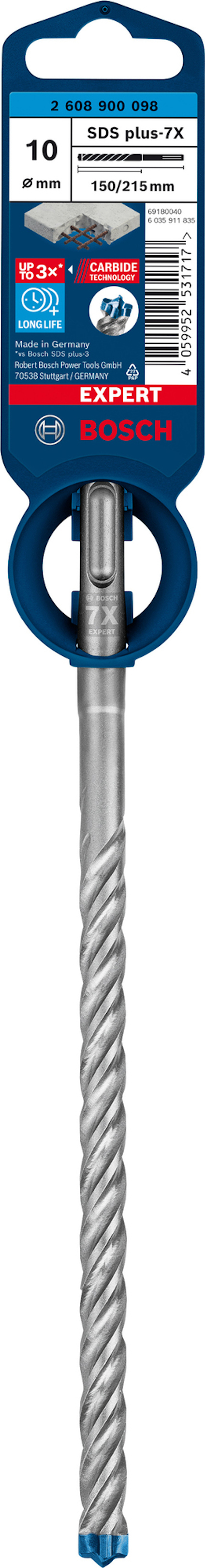 Borrspets med spiraldesign, etikett med varumärke Bosch, storlek 10 mm, "SDS plus-7X" nämns.