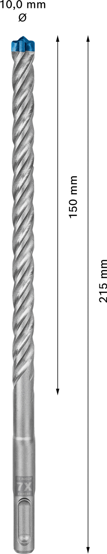 Bor med spiralform och blå spets, 10 mm diameter, 215 mm längd.