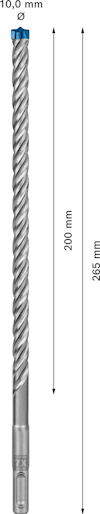 Borr med spiraldesign, mätpilar visar längderna 200 mm och 265 mm, diametern anges som 10,0 mm.