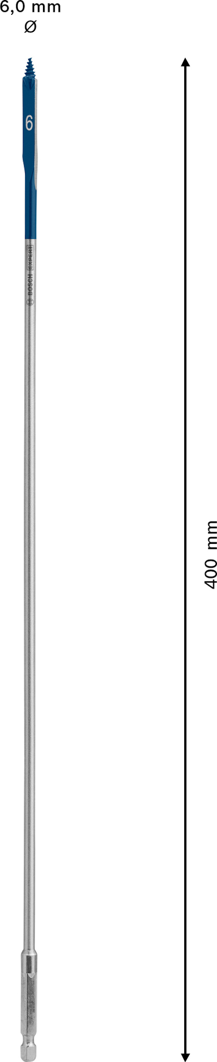 En silvrig metallstång med blått handtag, etikett med texten "6,0 mm" och "400 mm". En pil visar längden på 400 mm.