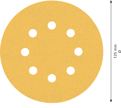 Sandpapper i cirkelformat med nio hål, 125 mm diameter.