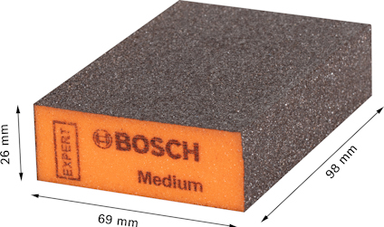 Svart slipblock med orange sida märkt "BOSCH Expert Medium". Mått: 69 mm x 98 mm x 26 mm.