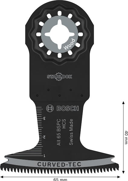Starlock-sågblad för trä, Bosch, 65x40 mm, svart, med markeringar och CURVED-TEC.