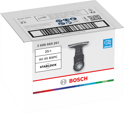 Vit låda med Bosch-logotyp, innehåller 25 st Starlock All 65 BSPC blad. Streckkod och serienummer synliga.