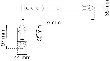 Ritning av en metallstång. Mått: 35 mm bredd, 97 mm höjd, 44 mm bas, A mm längd. Skruvhål ovanpå.