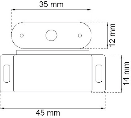 Ritning av magnetlås med mått: 35 mm x 12 mm och 45 mm x 14 mm.
